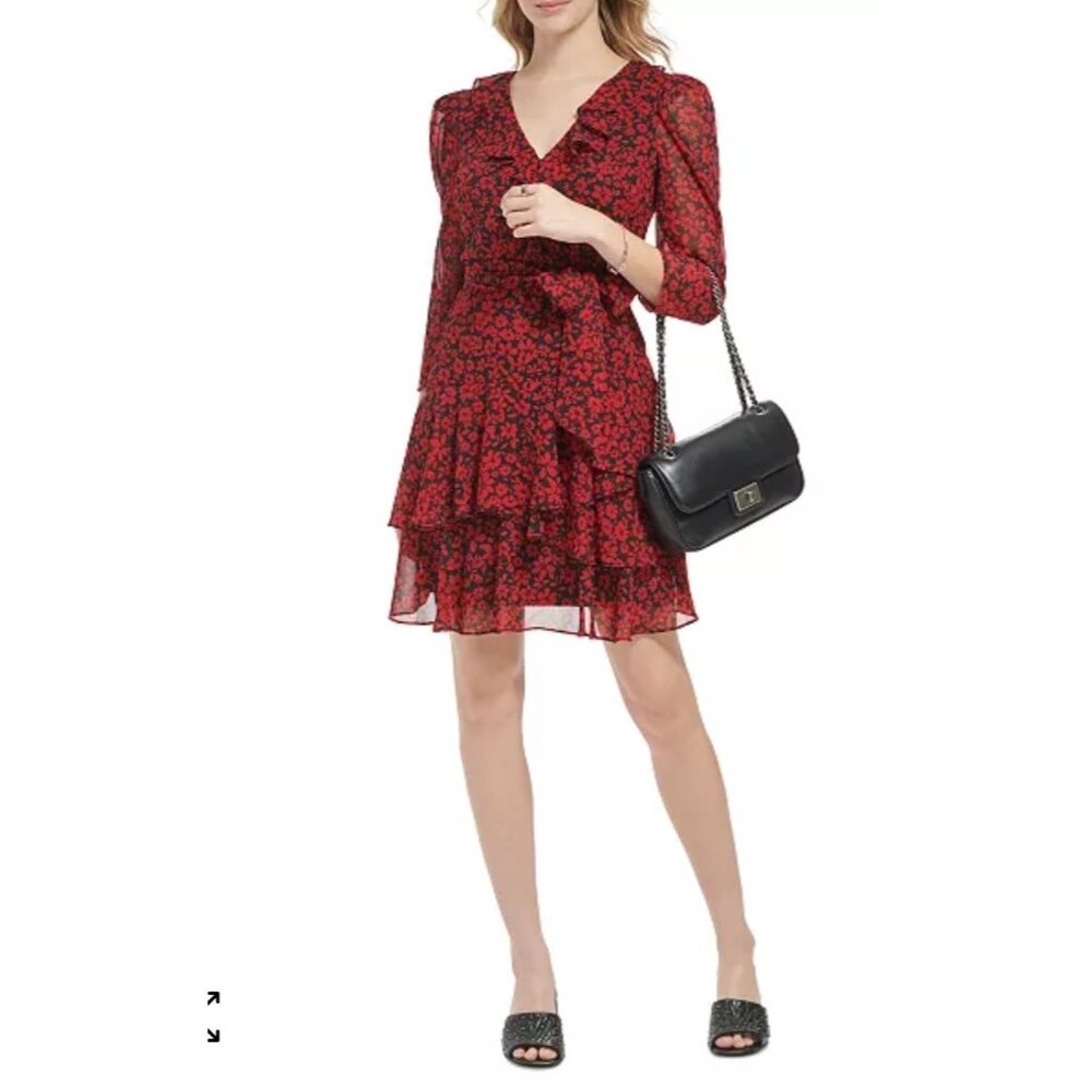 karl Lagerfeld Paris floral chiffon ruffle sheer dress boho preppy‎ red sz L/XL